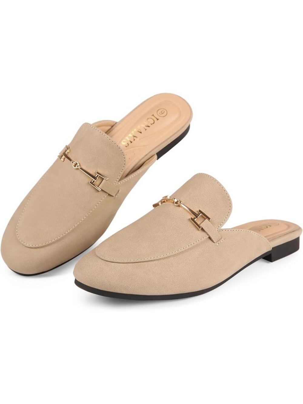 Women's Tan Leather Flats Round Toe Mules Buckle Slip on Slides Backless Loafer